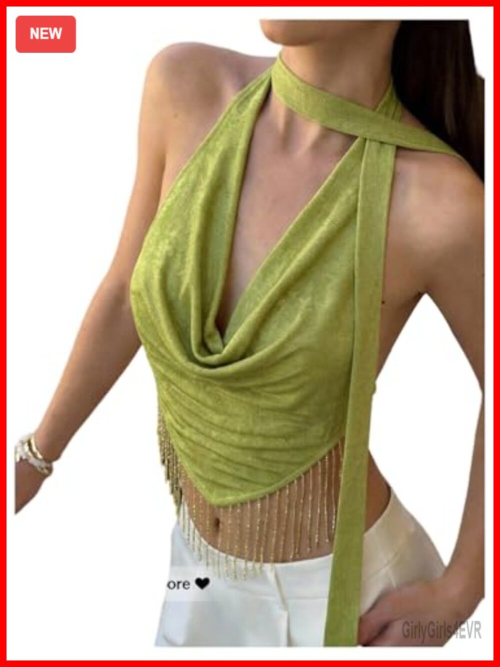 Fringe Cowl Neck Halter Top Backless Crop Top with Scarf